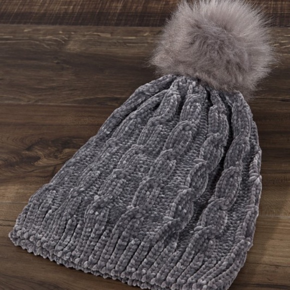 Dark Gray Chenille Cable Knit Faux Fur Pompom Beanie - Picture 2 of 3